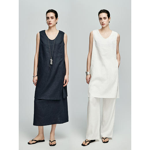 棉仓363616003-初棉亚麻U领中长款开叉上衣 商品图4