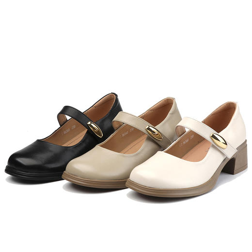 丁摩 春秋头层牛皮方头皮带扣中跟鞋女真皮粗跟软底复古玛丽珍单鞋5ZF-86560 商品图4