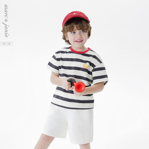 马克珍妮男童快乐小狗条纹短袖T恤 宝宝上衣2025年夏装新款550587 商品图0
