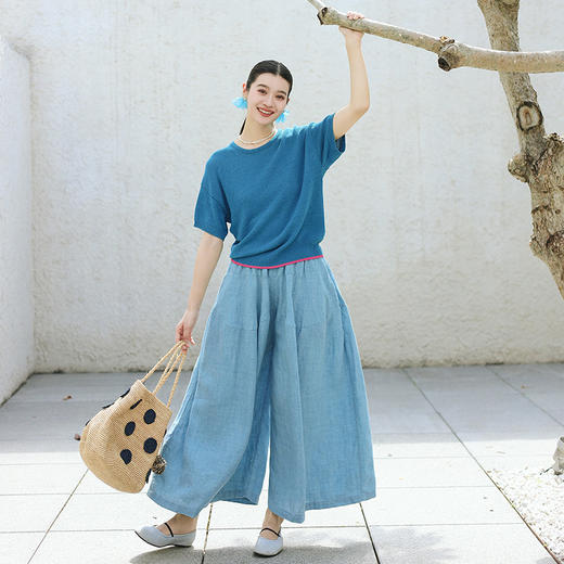 绽放旅行女装175朵/亚麻棉撞色边圆领毛织短袖休闲宽松透气T恤 商品图2