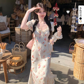 【限时秒杀】西遇法式泡泡袖连衣裙女夏季新款蕾丝花边修身收腰网纱长裙SS050571