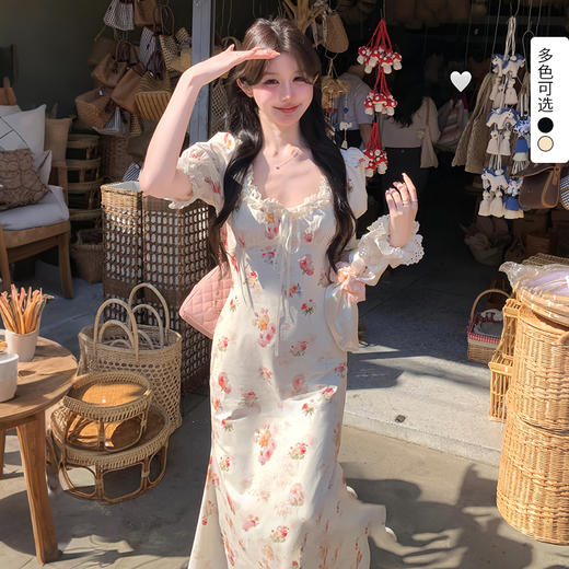 【限时秒杀】西遇法式泡泡袖连衣裙女夏季新款蕾丝花边修身收腰网纱长裙SS050571 商品图0