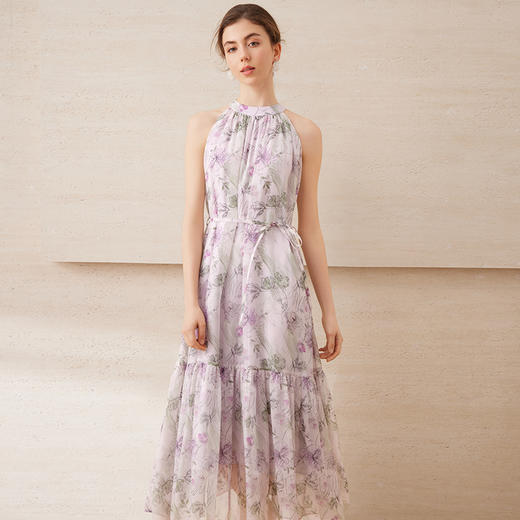 EITIE爱特爱温柔紫植物印花捏褶A字摆挂脖无袖连衣裙2025夏季新款B2507670 商品图1