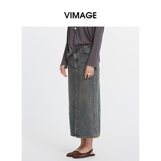 VIMAGE纬漫纪秋季新款牛仔裙中长款女包臀开叉高腰半身裙V2006608 商品图5