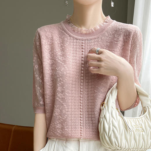 丁摩 浮雕提花天丝针织短袖女蕾丝钉珠半袖夏季新款镂空圆领上衣宽松5ZF-146 商品图3