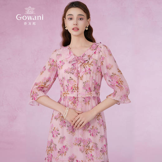 乔万尼夏季新品100%桑蚕丝印花乔其收腰真丝连衣裙EM2E840 商品图1