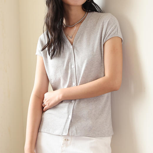 【2026夏季】天丝亚麻・V领纽扣T恤 莱赛尔针织亲肤透气凉感干爽吸湿 微落肩短袖上衣打底衫开衫 商品图2