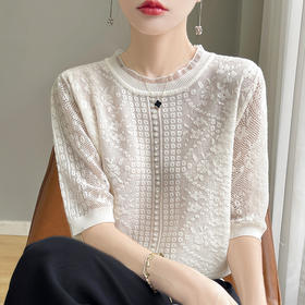丁摩 浮雕提花天丝针织短袖女蕾丝钉珠半袖夏季新款镂空圆领上衣宽松5ZF-146