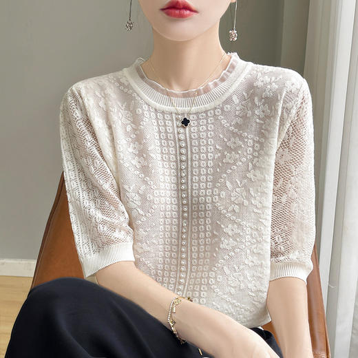 丁摩 浮雕提花天丝针织短袖女蕾丝钉珠半袖夏季新款镂空圆领上衣宽松5ZF-146 商品图0