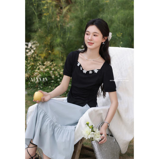 鹿向南「温柔邂逅」雾蓝色法式A字长裙女夏新休闲通勤显瘦半身裙 商品图3