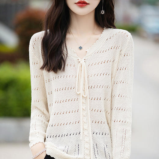 丁摩 春夏新款纯棉线镂空针织衫上衣女洋气小衫宽松显瘦薄款系带空调衫5ZF-115 商品图5