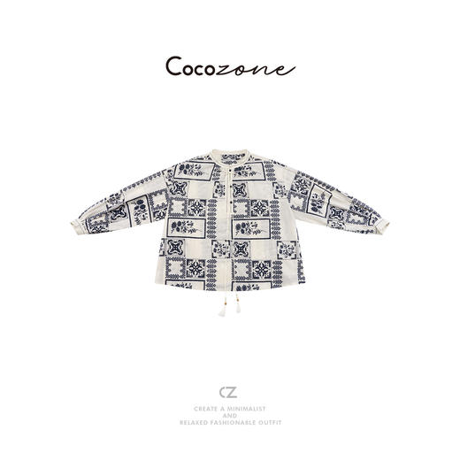 COCO ZONE 刘一一 【100棉】复古印花慵懒风圆领长袖衬衣CD1A0692 商品图0
