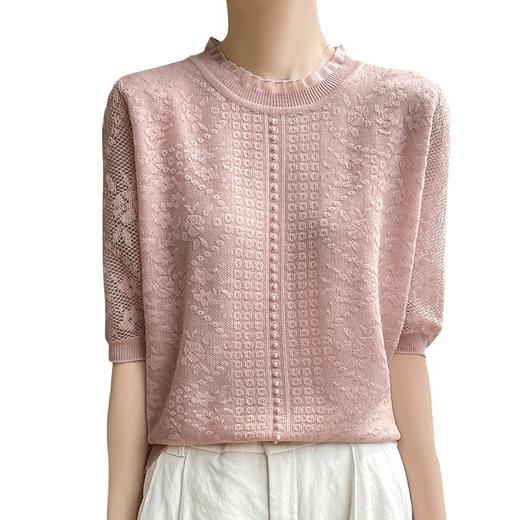 丁摩 浮雕提花天丝针织短袖女蕾丝钉珠半袖夏季新款镂空圆领上衣宽松5ZF-146 商品图4