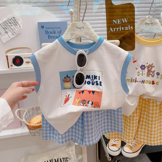 【格子T恤短裤套装，清凉百搭必备！】夏季新款百搭涂鸦 背心格子t恤短裤两件套 男女童套装 莱卡棉面料 舒适透气-QQ 商品图2