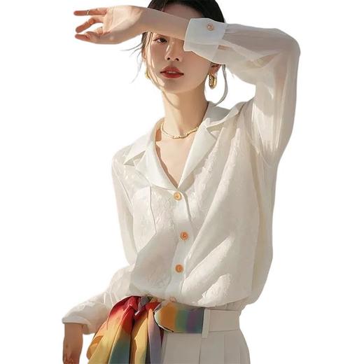 雀说 欧货提花白色长袖衬衫女春季新款独特漂亮上衣洋装通勤衬衣5ZF-1019 商品图4