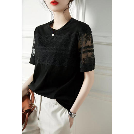 雀说 举手投足都在撩你 舒适纯棉 蕾丝拼接 圆领短袖T恤女夏5ZF-20935 商品图5