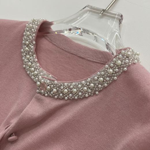 丁摩 春夏真丝羊毛小香风手工钉珠钻圆领短袖针织空调开衫上衣女5ZF-16153 商品图5