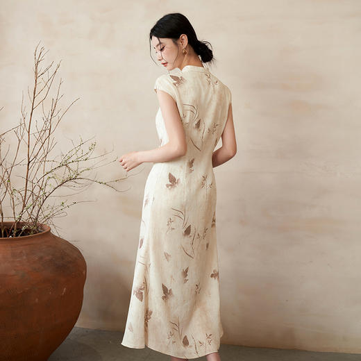 新中式国风立领旗袍无袖连衣裙女春季古典提花缎面连衣裙V0041535 商品图4