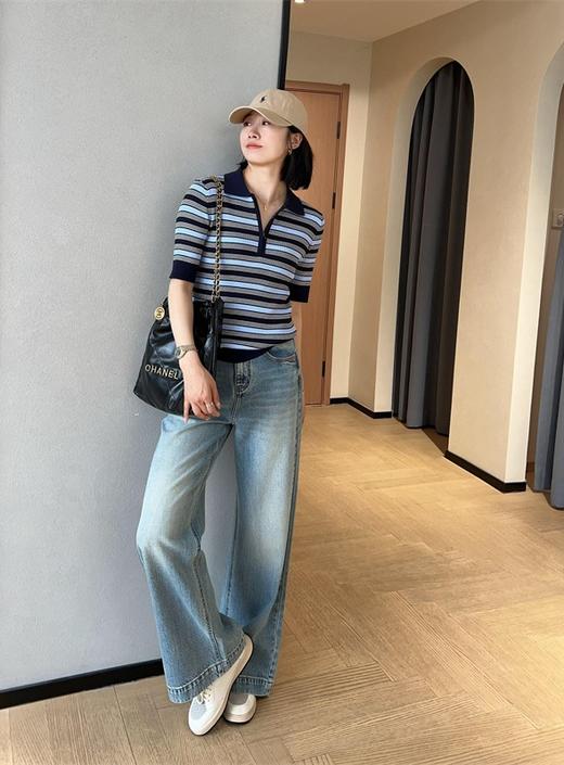 之禾同款复古撞色定位条纹莱赛尔精纺POLO衫短袖针织衫 商品图2