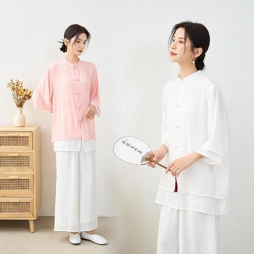 2025民族风新款棉麻禅服套装立领中袖上衣松紧腰长裤居士服8995 商品图0