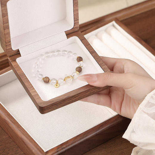 【日进斗金】S925纯银镀金白水晶沉香如意铜钱圆珠手链【CW-23216】 商品图2