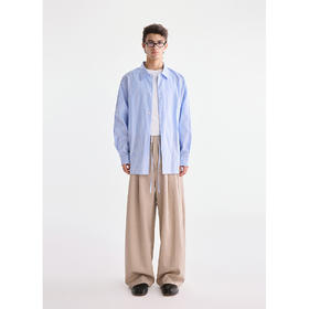 棉仓3621004004-【浪漫雅趣】腰间系带优雅蓝白条纹长袖衬衫