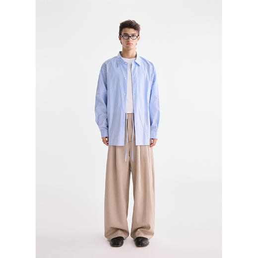 棉仓3621004004-【浪漫雅趣】腰间系带优雅蓝白条纹长袖衬衫 商品图0