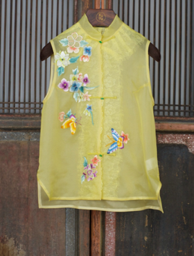 盛唐牡丹 |真丝绡手绣马甲-草黄色