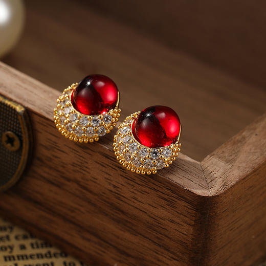 丁摩 红色新年耳环韩版轻奢锆石耳钉925银针高级感女精致耳饰5ZF-1274 商品图0