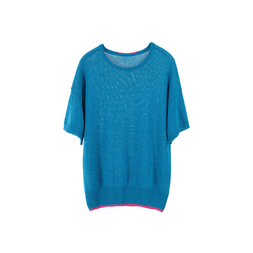 绽放旅行女装175朵/亚麻棉撞色边圆领毛织短袖休闲宽松透气T恤 商品图4