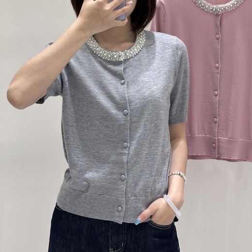 丁摩 春夏真丝羊毛小香风手工钉珠钻圆领短袖针织空调开衫上衣女5ZF-16153 商品图1