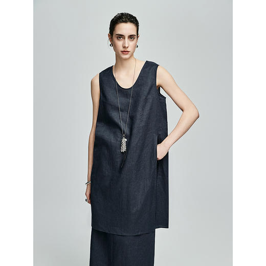 棉仓363616003-初棉亚麻U领中长款开叉上衣 商品图1