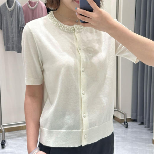 丁摩 春夏真丝羊毛小香风手工钉珠钻圆领短袖针织空调开衫上衣女5ZF-16153 商品图2