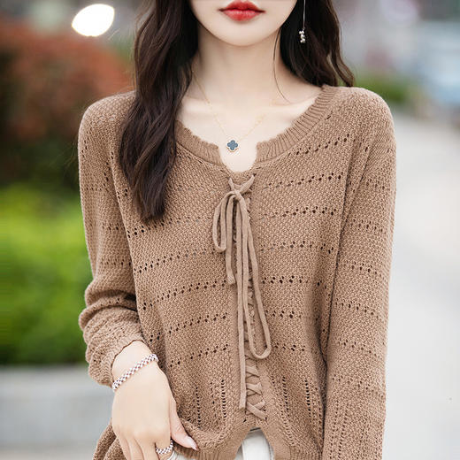 丁摩 春夏新款纯棉线镂空针织衫上衣女洋气小衫宽松显瘦薄款系带空调衫5ZF-115 商品图2