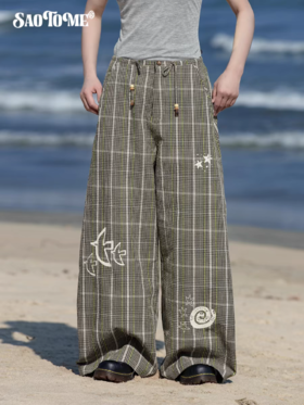 早乙女惠子saotome/STMCK252193/贴布涂鸦格子弯刀长裤