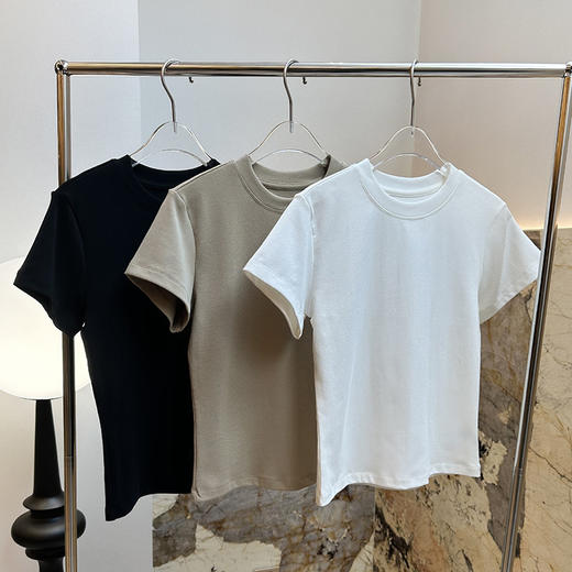 官网1400！亚*山大王同款正肩3D剪裁螺纹领圆领简约纯色棉质T恤 柔软舒弹修身透气女士短袖上衣 商品图4