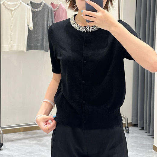丁摩 春夏真丝羊毛小香风手工钉珠钻圆领短袖针织空调开衫上衣女5ZF-16153 商品图3