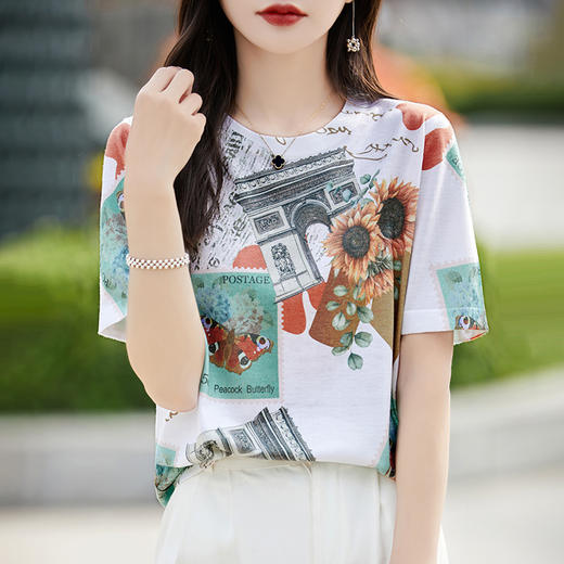 丁摩 精纺薄款短袖印花短袖女夏季新款休闲衬衣宽松显瘦上衣5ZF-4213 商品图1