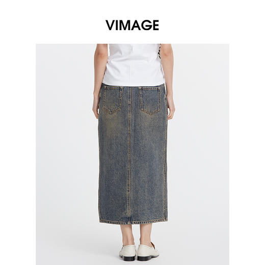 VIMAGE纬漫纪秋季新款牛仔裙中长款女包臀开叉高腰半身裙V2006608 商品图4