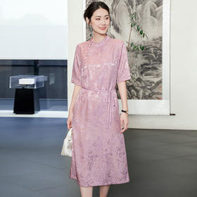 TC 54801改良新中式半高领显瘦复古暗纹提花桑蚕丝日常旗袍连衣裙
