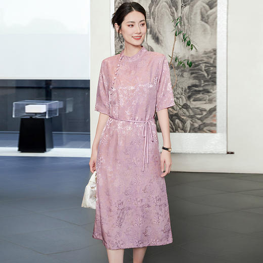 TC 54801改良新中式半高领显瘦复古暗纹提花桑蚕丝日常旗袍连衣裙 商品图0