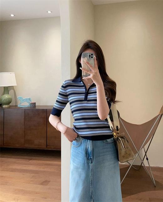 之禾同款复古撞色定位条纹莱赛尔精纺POLO衫短袖针织衫 商品图8