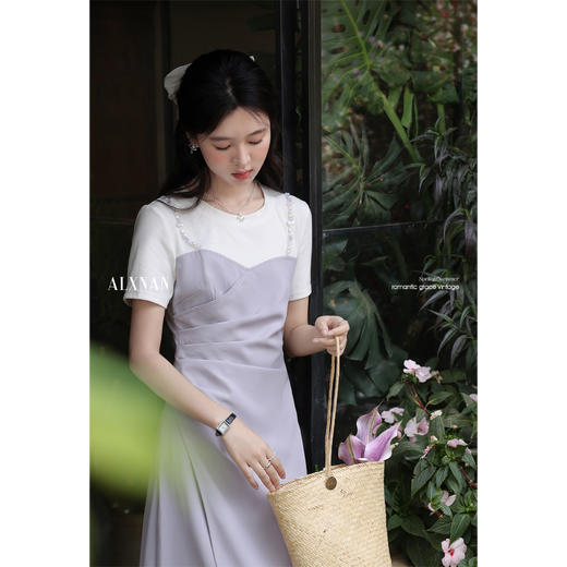 鹿向南「月漫星河」法式气质紫色假两件短袖连衣裙女夏设计感长裙 商品图4