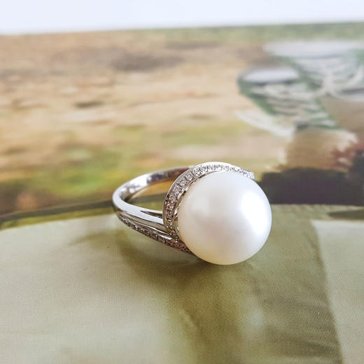 【天然正品】AU750白金豪镶钻镶天然近完美约11.3MM澳白海水珍珠戒指女士现售价：3480！180425NJM11 商品图3