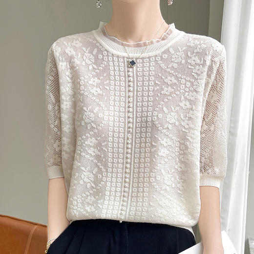 丁摩 浮雕提花天丝针织短袖女蕾丝钉珠半袖夏季新款镂空圆领上衣宽松5ZF-146 商品图6