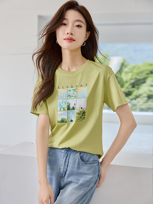 【五折购】莫奈联名熙世界油画印花白色T恤夏天新款百搭短袖凉感上衣 商品图1