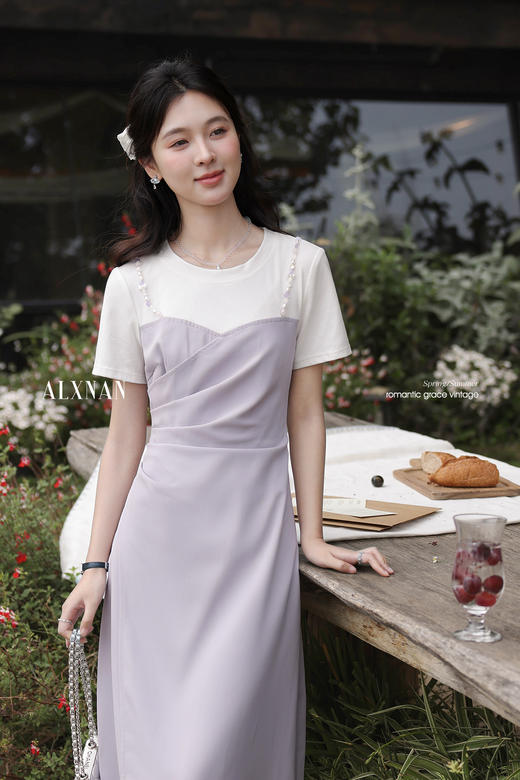 鹿向南「月漫星河」法式气质紫色假两件短袖连衣裙女夏设计感长裙 商品图5