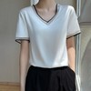 雀说 醋酸缎面短袖t恤女V领显瘦外穿小衫新款夏季宽松撞色大码半袖5ZF-4214 商品缩略图0