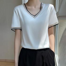 雀说 醋酸缎面短袖t恤女V领显瘦外穿小衫新款夏季宽松撞色大码半袖5ZF-4214