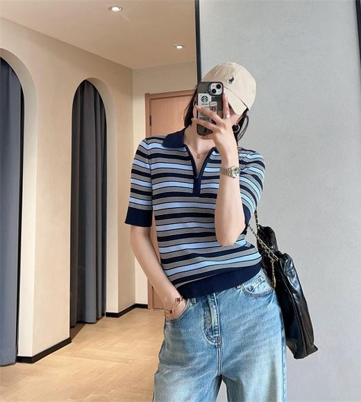 之禾同款复古撞色定位条纹莱赛尔精纺POLO衫短袖针织衫 商品图5